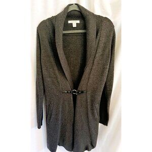 Eileen Fisher Gray Merino Wool Cardigan Sweater with belting, size Medium